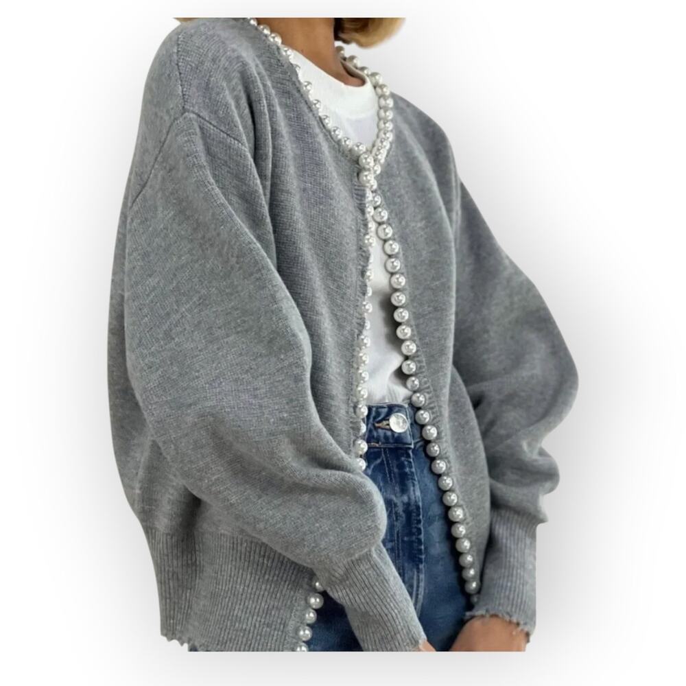 Commense Pearl Trim Cardigan Gray Knit Sweater NWT Size L - Modern Classic - Picture 7 of 7